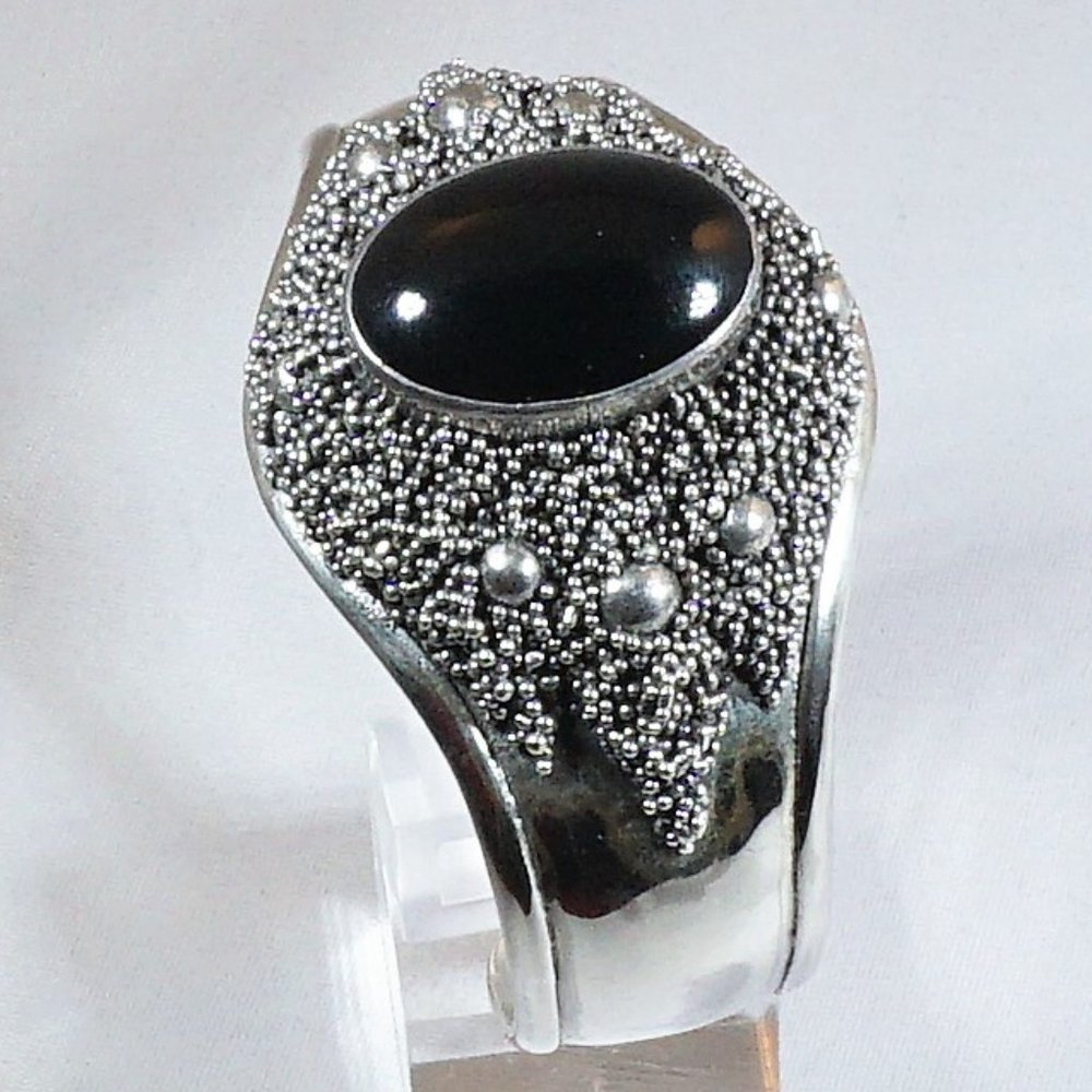 Sterling Silver Natural Black Onyx Wide Cuff Bracelet